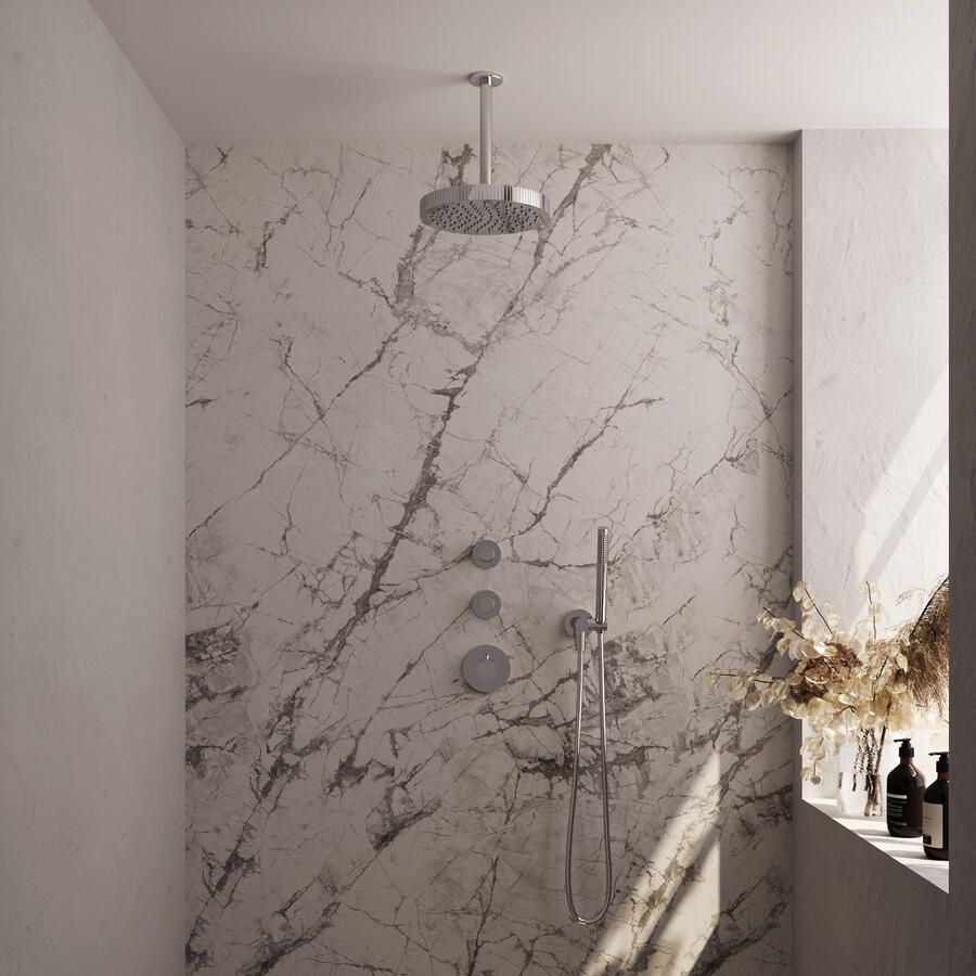 Brauer Stripe thermostatische inbouw regendouche SET 03 met 25 cm douchekop en plafondarm en staaf handdouche en doucheslang en wandaansluitbocht chroom