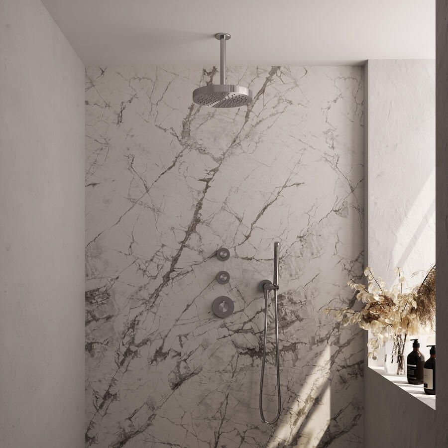 Brauer Stripe thermostatische inbouw regendouche SET 03 met 25 cm douchekop en plafondarm en staaf handdouche en doucheslang en wandaansluitbocht RVS-kleurig geborsteld PVD