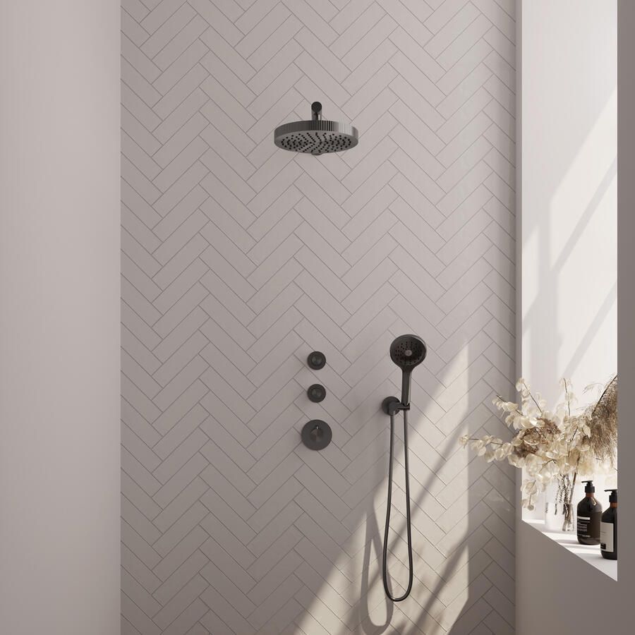Brauer Stripe thermostatische inbouw regendouche SET 04 met 25 cm douchekop en rechte muurarm en 3-standen handdouche en doucheslang en wandaansluitbocht gunmetal geborsteld PVD