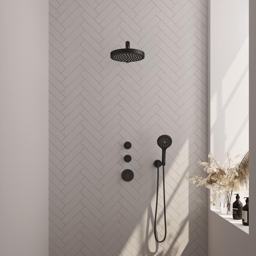 Brauer Stripe thermostatische inbouw regendouche SET 04 met 25 cm douchekop en rechte muurarm en 3-standen handdouche en doucheslang en wandaansluitbocht mat zwart