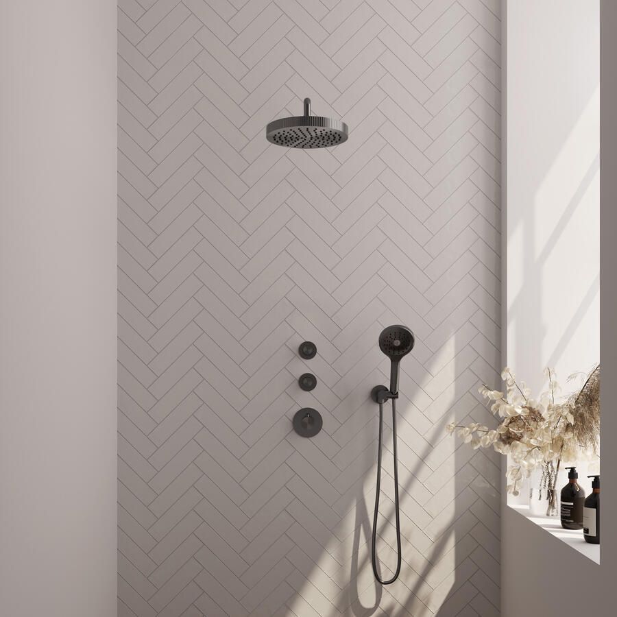 Brauer Stripe thermostatische inbouw regendouche SET 05 met 25 cm douchekop en gebogen muurarm en 3-standen handdouche en doucheslang en wandaansluitbocht gunmetal geborsteld PVD