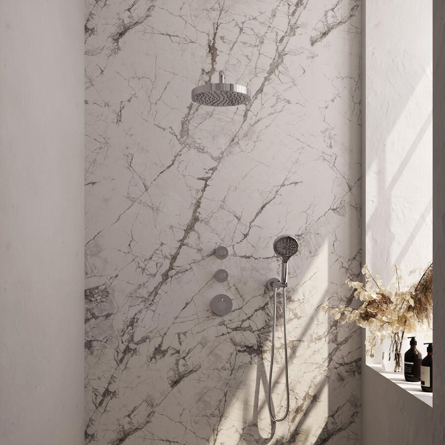 Brauer Stripe thermostatische inbouw regendouche SET 05 met 25 cm douchekop en gebogen muurarm en 3-standen handdouche en doucheslang en wandaansluitbocht chroom