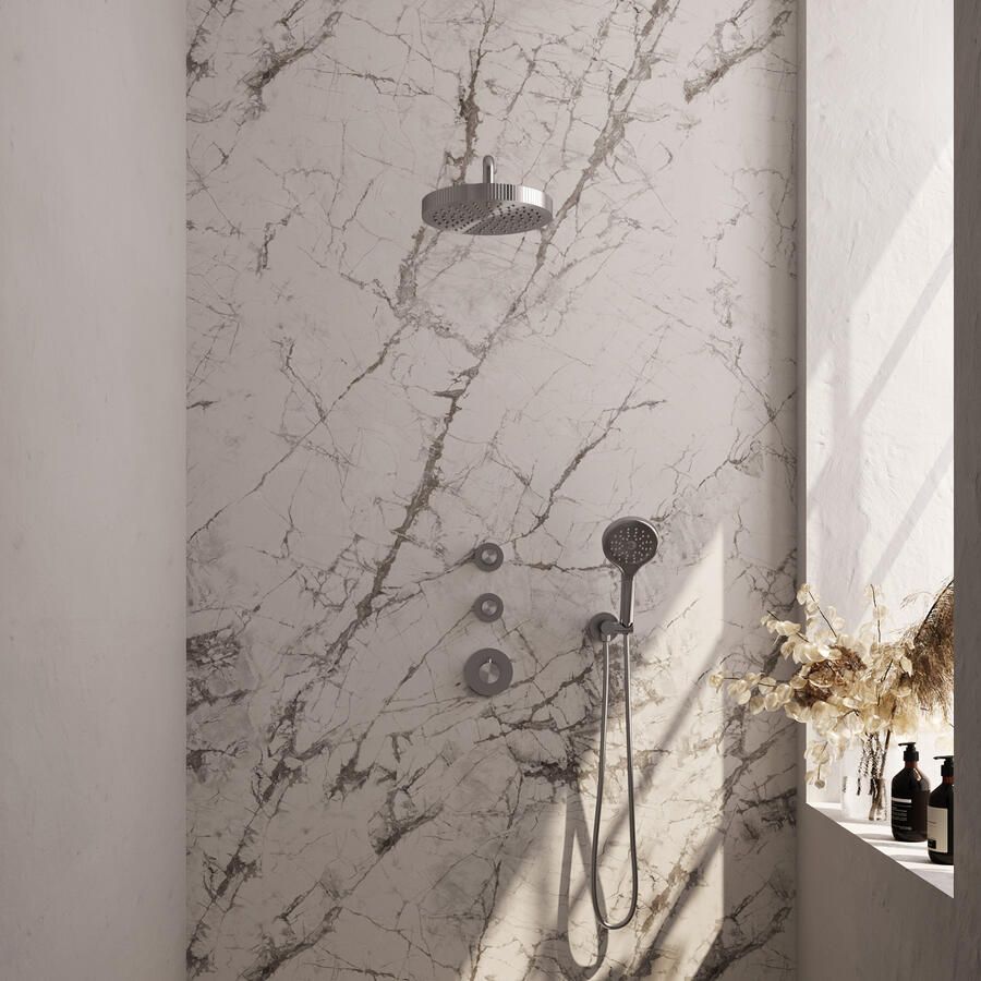 Brauer Stripe thermostatische inbouw regendouche SET 05 met 25 cm douchekop en gebogen muurarm en 3-standen handdouche en doucheslang en wandaansluitbocht RVS-kleurig geborsteld PVD