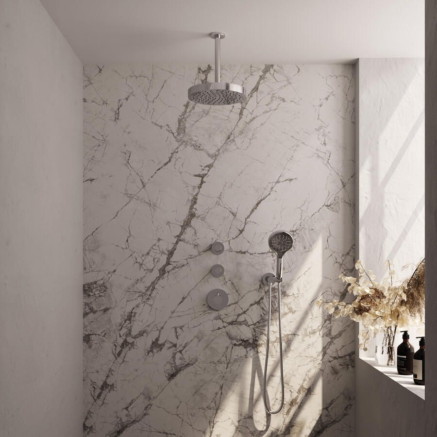 Brauer Stripe thermostatische inbouw regendouche SET 06 met 25 cm douchekop en plafondarm en 3-standen handdouche en doucheslang en wandaansluitbocht chroom