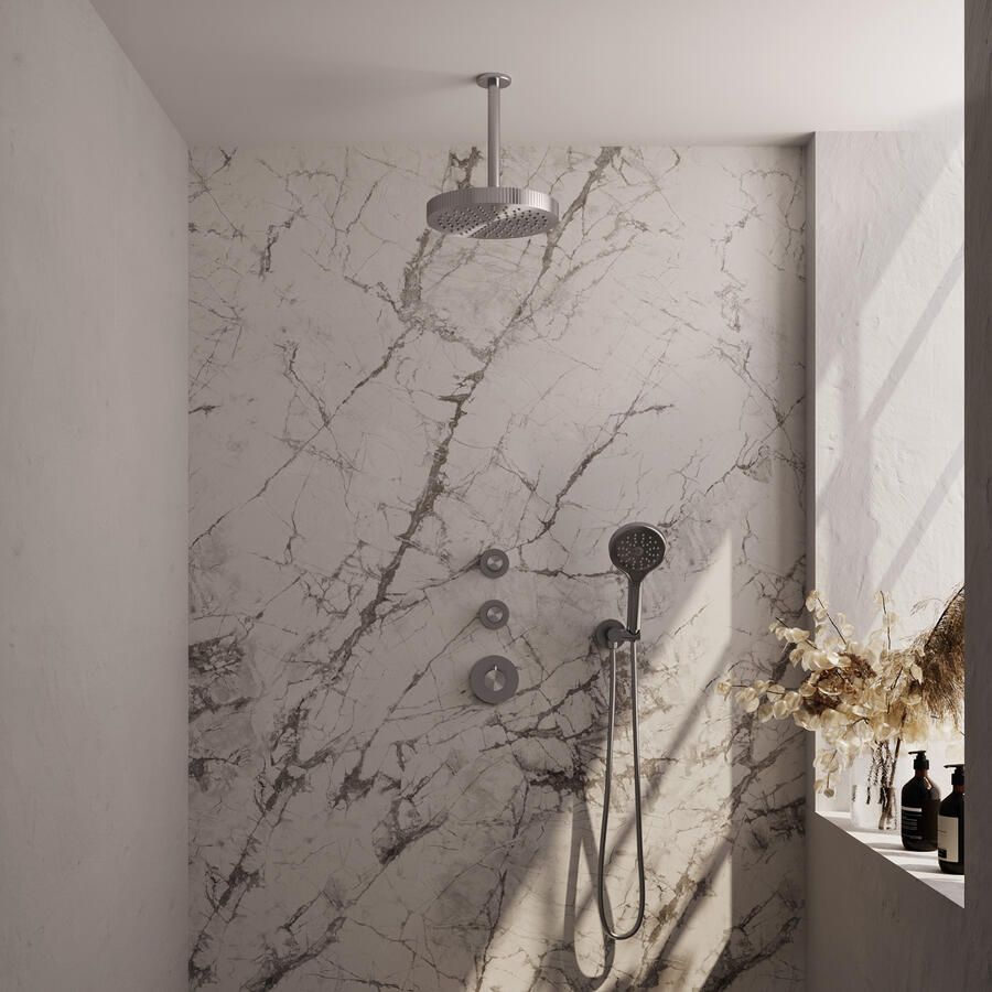 Brauer Stripe thermostatische inbouw regendouche SET 06 met 25 cm douchekop en plafondarm en 3-standen handdouche en doucheslang en wandaansluitbocht RVS-kleurig geborsteld PVD