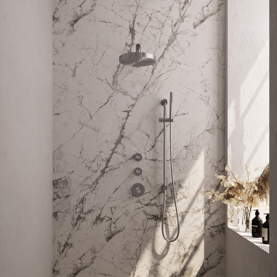 Brauer Stripe thermostatische inbouw regendouche SET 07 met 25 cm douchekop en rechte muurarm en staaf handdouche en doucheslang en geintegreerde glijstang RVS-kleurig geborsteld PVD