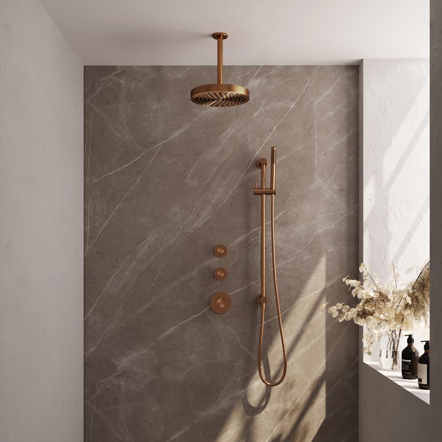 Brauer Stripe thermostatische inbouw regendouche SET 09 met 25 cm douchekop en plafondarm en staaf handdouche en doucheslang en geintegreerde glijstang koper geborsteld PVD
