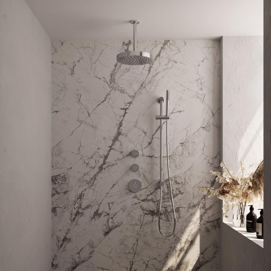 Brauer Stripe thermostatische inbouw regendouche SET 09 met 25 cm douchekop en plafondarm en staaf handdouche en doucheslang en geintegreerde glijstang chroom