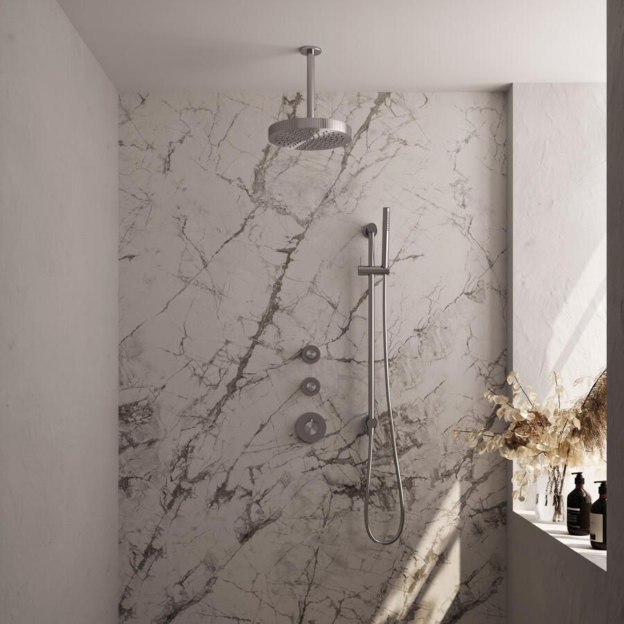 Brauer Stripe thermostatische inbouw regendouche SET 09 met 25 cm douchekop en plafondarm en staaf handdouche en doucheslang en geintegreerde glijstang RVS-kleurig geborsteld PVD