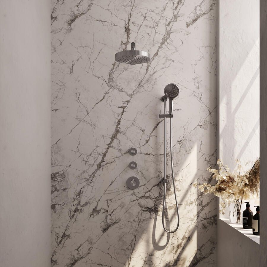 Brauer Stripe thermostatische inbouw regendouche SET 10 met 25 cm douchekop en rechte muurarm en 3-standen handdouche en doucheslang en geintegreerde glijstang RVS-kleurig geborsteld PVD