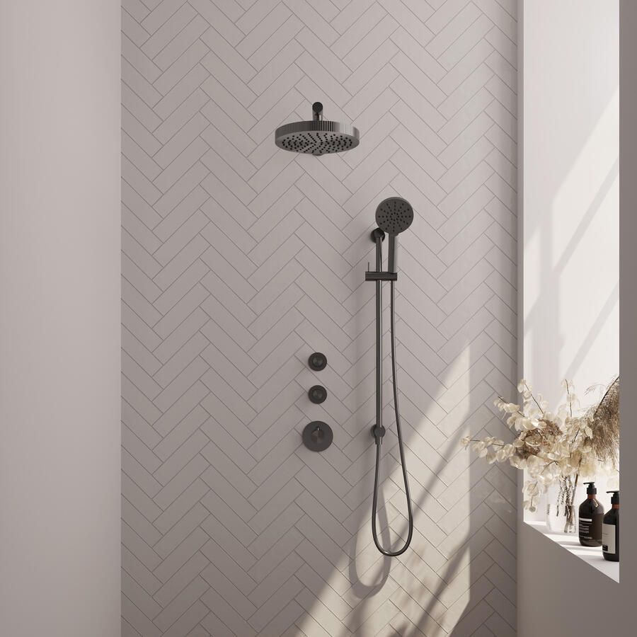 Brauer Stripe thermostatische inbouw regendouche SET 10 met 25 cm douchekop en rechte muurarm en 3-standen handdouche en doucheslang en geintegreerde glijstang gunmetal geborsteld PVD