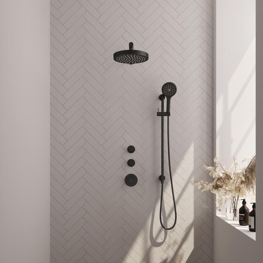 Brauer Stripe thermostatische inbouw regendouche SET 10 met 25 cm douchekop en rechte muurarm en 3-standen handdouche en doucheslang en geintegreerde glijstang mat zwart