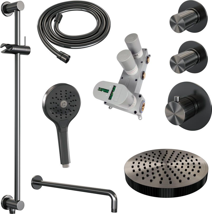 Brauer Stripe thermostatische inbouw regendouche SET 11 met 25 cm douchekop en gebogen muurarm en 3-standen handdouche en doucheslang en geintegreerde glijstang gunmetal geborsteld PVD