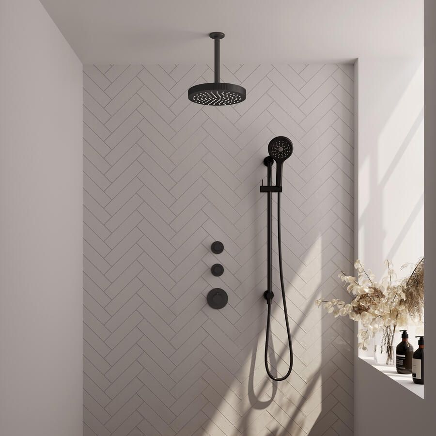 Brauer Stripe thermostatische inbouw regendouche SET 12 met 25 cm douchekop en plafondarm en 3-standen handdouche en doucheslang en geintegreerde glijstang mat zwart
