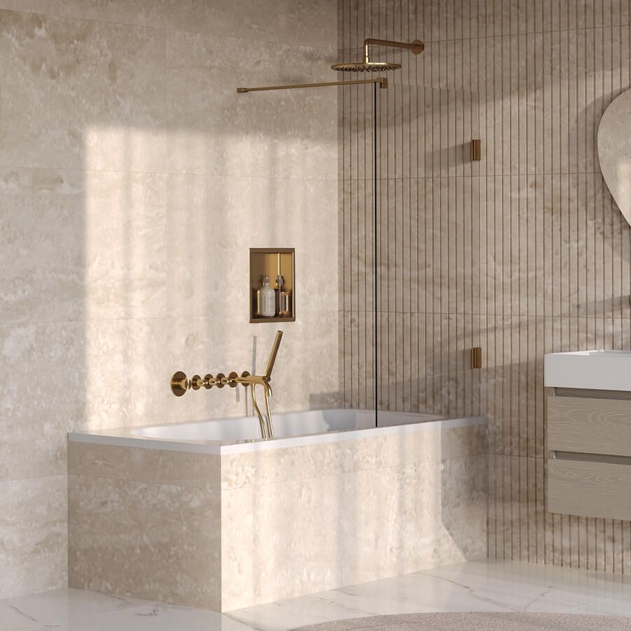 Brauer Void Badwand 80x140 Helder Glas Incl. Glascoating PVD Goud Geborsteld