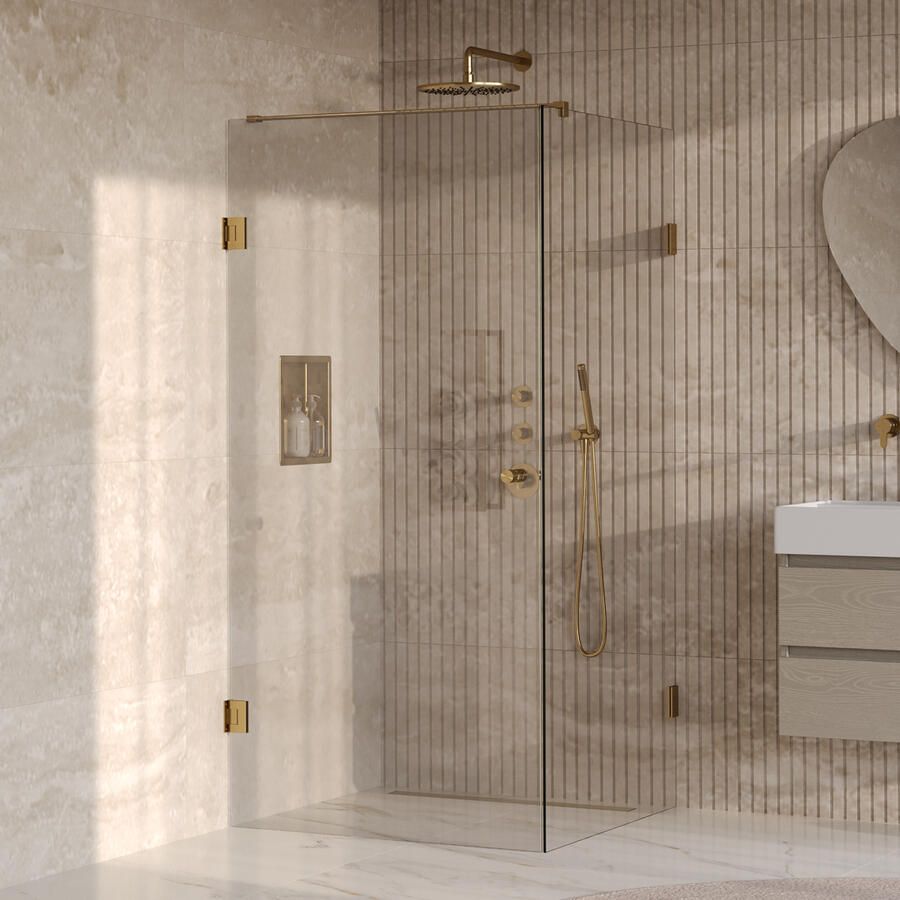Brauer Void Carving Douchecabine 100x100x200cm draaideur glascoating omkeerbaar helder glas geborsteld goud PVD GS-VOCC1H100100200GG