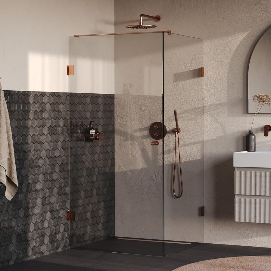 Brauer Void Carving Douchecabine 100x100x200cm draaideur glascoating omkeerbaar helder glas geborsteld koper PVD GS-VOCC1H100100200GK