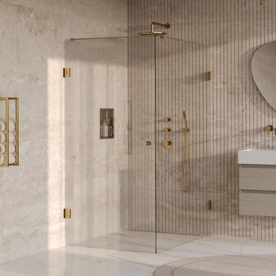 Brauer Void Carving Douchecabine 90x140x200cm draaideur glascoating omkeerbaar helder glas geborsteld goud PVD GS-VOCC1H90140200GG