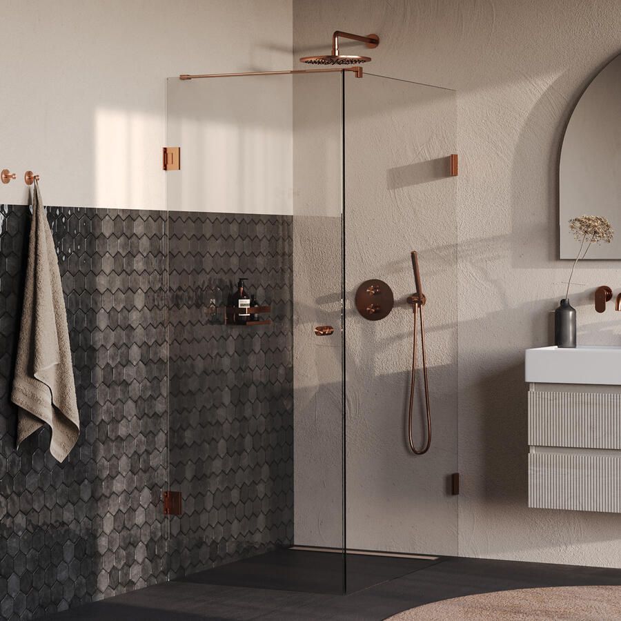 Brauer Void Carving Douchecabine 80x120x200cm draaideur glascoating omkeerbaar helder glas geborsteld koper PVD GS-VOCC1H80120200GK