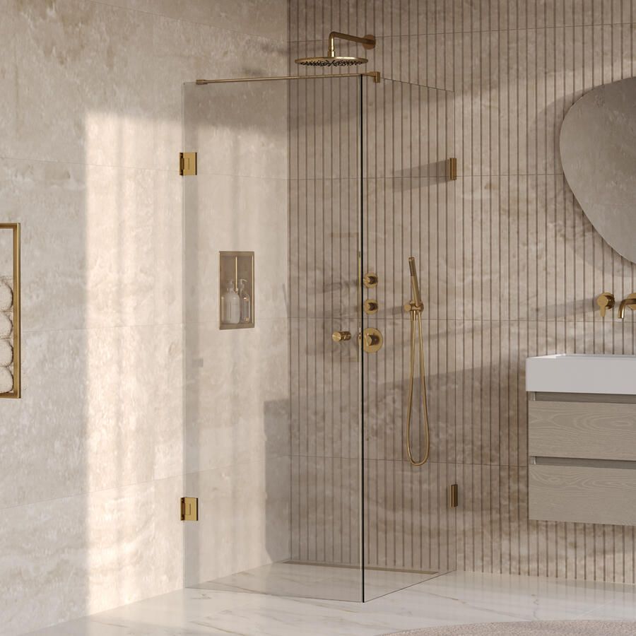Brauer Void Carving Douchecabine 90x100x200cm draaideur glascoating omkeerbaar helder glas geborsteld goud PVD GS-VOCC1H90100200GG