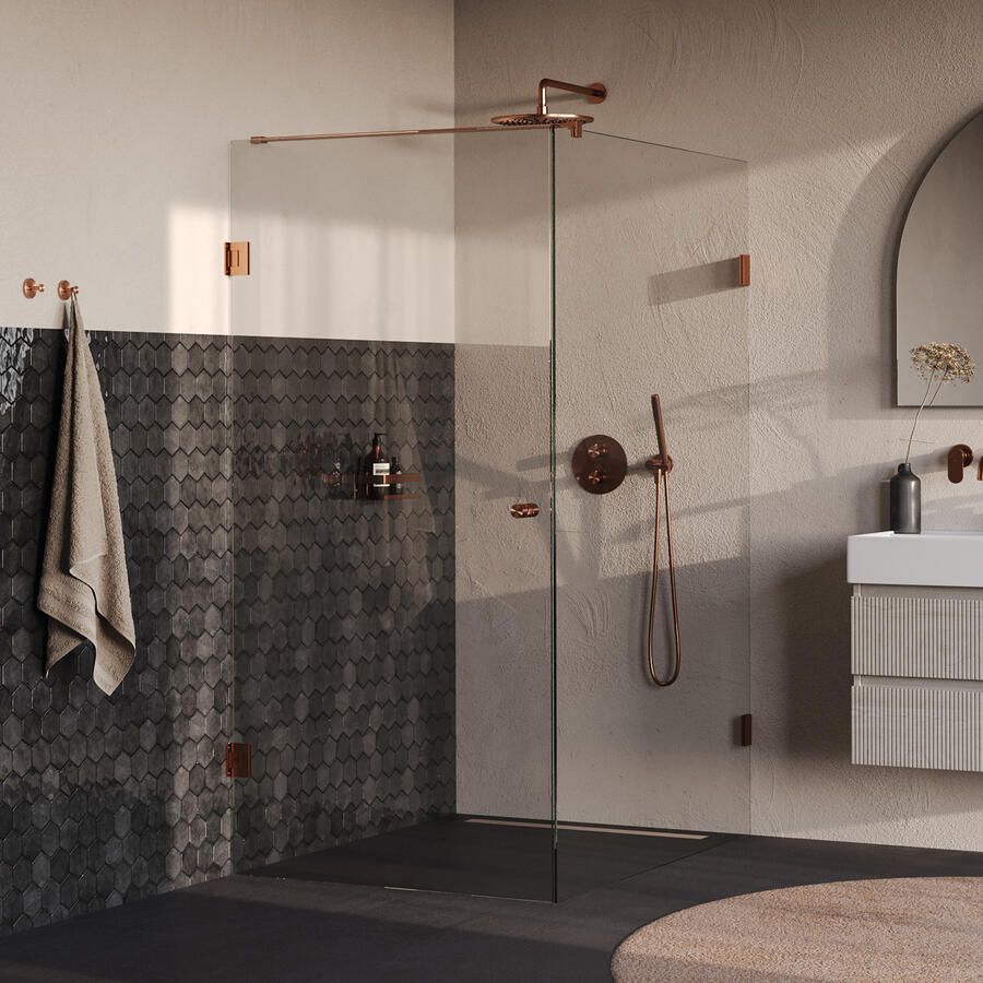 Brauer Void Carving Douchecabine 100x140x200cm draaideur glascoating omkeerbaar helder glas geborsteld koper PVD GS-VOCC1H100140200GK