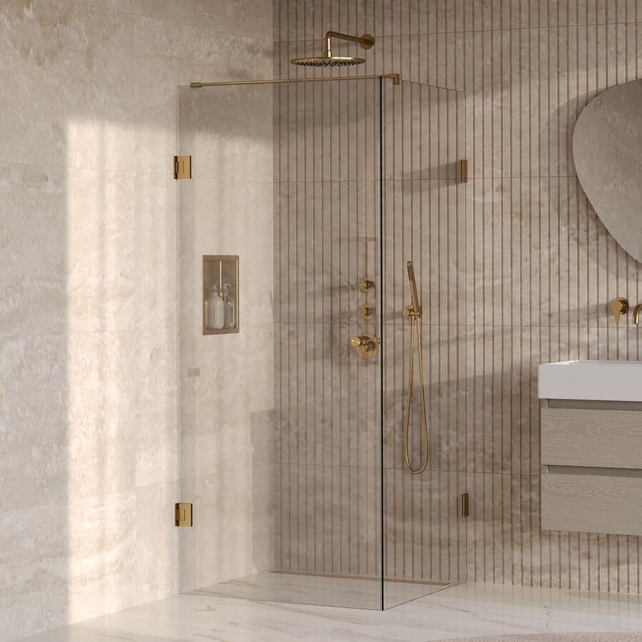 Brauer Void Carving Douchecabine 90x90x200cm draaideur glascoating omkeerbaar helder glas geborsteld goud PVD GS-VOCC1H9090200GG