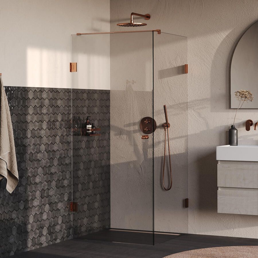 Brauer Void Carving Douchecabine 90x90x200cm draaideur glascoating omkeerbaar helder glas geborsteld koper PVD GS-VOCC1H9090200GK