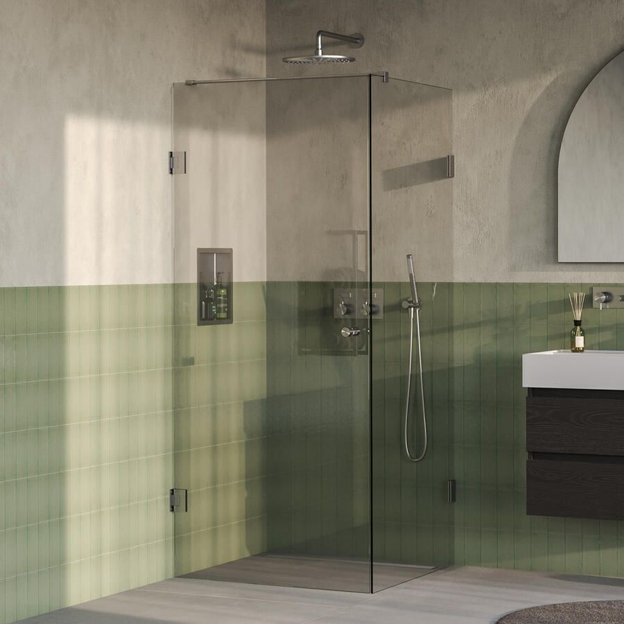 Brauer Void Carving Douchecabine 90x90x200cm draaideur glascoating omkeerbaar helder glas Geborsteld RVS PVD GS-VOCC1H9090200NG