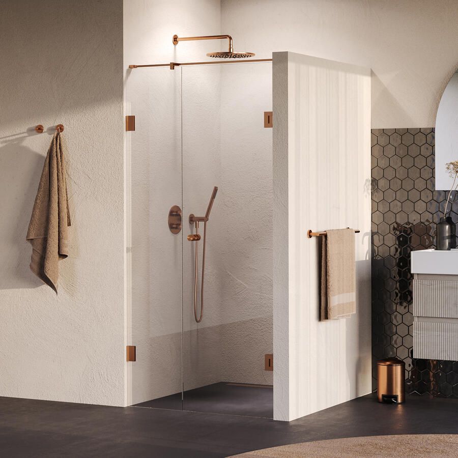 Brauer Void Carving Nisdeur 2-delig 100x200cm 60cm draaideur aan muur glascoating omkeerbaar helder glas geborsteld koper PVD GS-VOCN2H6040200GK