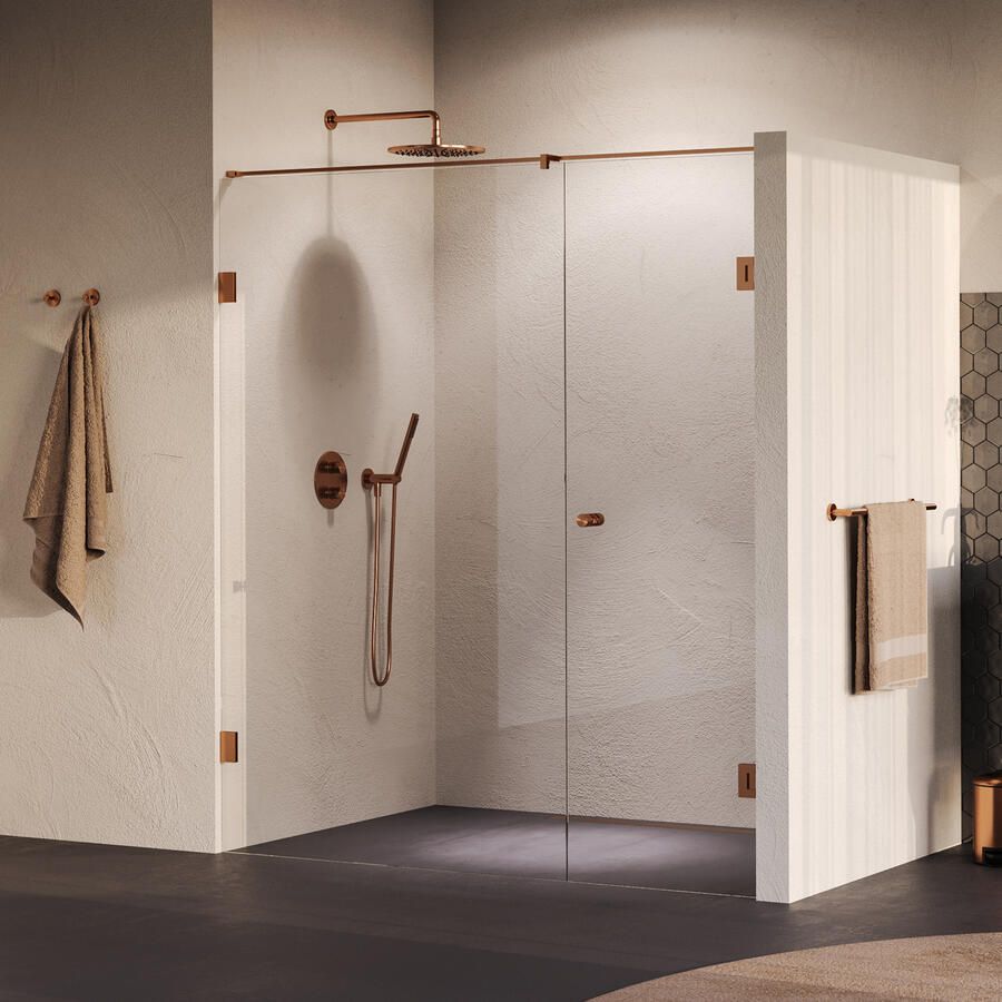 Brauer Void Carving Nisdeur 2-delig 180x200cm 70cm draaideur aan muur glascoating omkeerbaar helder glas geborsteld koper PVD GS-VOCN2H70110200GK