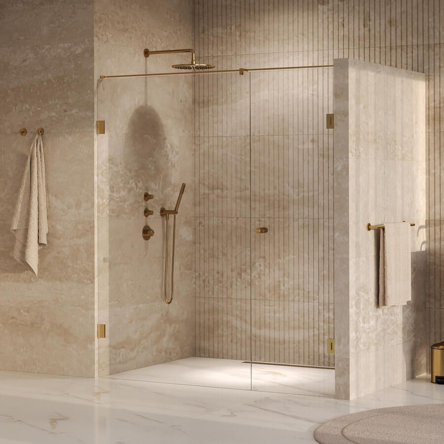 Brauer Void Carving Nisdeur 2-delig 180x200cm 70cm draaideur aan muur glascoating omkeerbaar helder glas geborsteld goud PVD GS-VOCN2H70110200GG