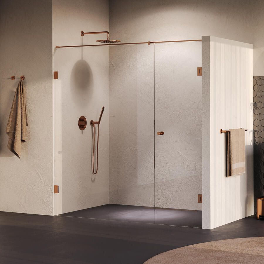 Brauer Void Carving Nisdeur 2-delig 190x200cm 70cm draaideur aan muur glascoating omkeerbaar helder glas geborsteld koper PVD GS-VOCN2H70120200GK