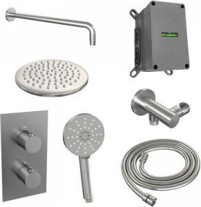 Brauer Brushed Edition inbouwset met 3-weg thermostaat hoofddouche 20cm gebogen wandarm 40cm ronde 3-standen handdouche glijstang met aansluitbocht geborsteld RVS PVD