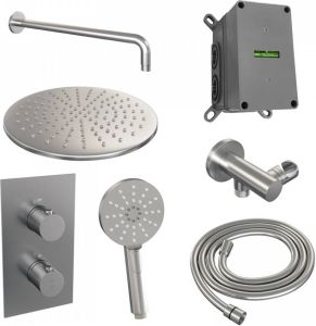 Brauer Brushed Edition inbouwset met 3-weg thermostaat hoofddouche 30cm gebogen wandarm 40cm ronde 3-standen handdouche glijstang met aansluitbocht geborsteld RVS PVD