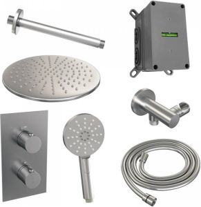 Brauer Brushed Edition inbouwset met 3-weg thermostaat hoofddouche 30cm plafondbuis 20cm ronde 3-standen handdouche wandaansluiting geborsteld RVS PVD
