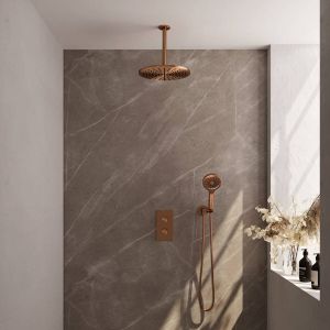 Brauer Copper Edition inbouwset met 3-weg thermostaat hoofddouche 30cm plafondbuis 20cm ronde 3-standen handdouche wandaansluiting geborsteld koper PVD