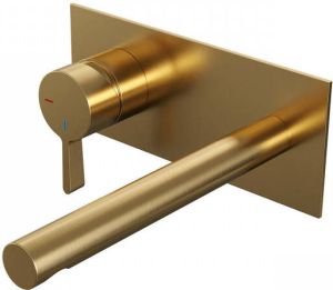 Brauer Gold Edition Wastafelmengkraan inbouw rechte uitloop rechts middel dikke gladde hendel afdekplaat model E2 PVD geborsteld goud 5-GG-083-S1