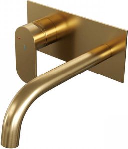 Brauer Gold Edition Wastafelmengkraan inbouw gebogen uitloop rechts brede platte gladde hendel afdekplaat model C2 PVD geborsteld goud 5-GG-083-B3