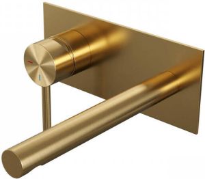 Brauer Gold Edition Wastafelmengkraan inbouw rechte uitloop rechts lange smalle gladde hendel afdekplaat model A2 PVD geborsteld goud 5-GG-083-S2