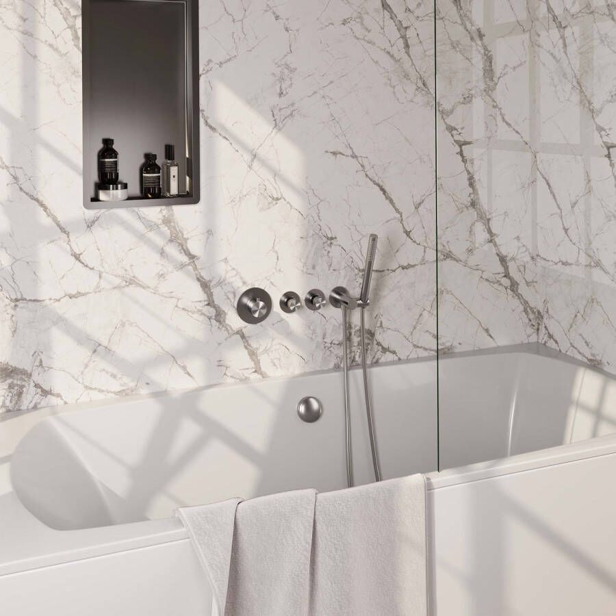 Brauer Brushed Edition thermostatische inbouw badkraan SET 01: badvulcombinatie staaf handdouche doucheslang wandaansluitbocht PVD RVS