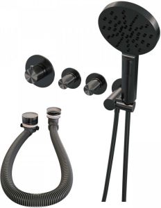 Brauer Badkraan Gunmetal Carving Set 02 Thermostatisch Inbouw Rond Geborsteld Gunmetal PVD met Badvulcombinatie Wandaansluitbocht en Handdouche 3 Standen