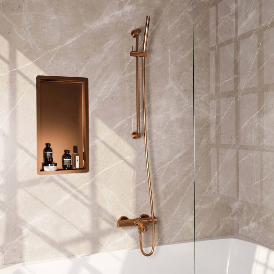 Brauer Badkraan Copper Edition Set 04 Thermostatisch Opbouw Rond Geborsteld Koper PVD 2 Greeps met Wandhouder en Handdouche 3 Standen