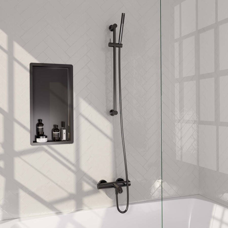 Brauer Gunmetal Edition opbouw baddouche thermostaatkraan SET 04 met wandhouder en 3-standen handdouche en doucheslang gunmetal geborsteld PVD