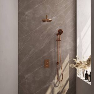 Brauer Copper Carving thermostatische inbouw regendoucheset met 2-weg omstel 40cm gebogen wandarm met 20cm ronde hoofddouche 1 stand staafhanddouche 150cm gladde doucheslang met glijstang en handdouchehouder Koper geborsteld PVD 5-GK-135