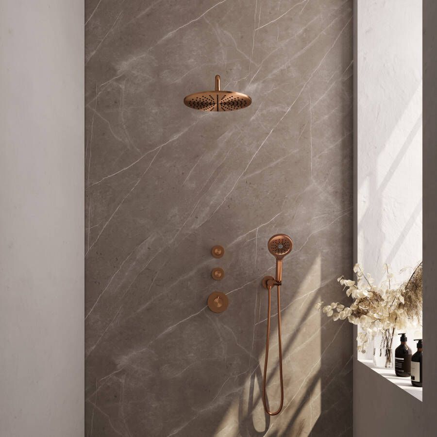 brauer Regendoucheset Inbouw Copper Carving Thermostatisch 30cm met Gebogen Wandarm en Handdouche 3-Standen Losse Stopkranen Geborsteld Koper