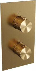 Brauer Gold Carving inbouwset met 3-weg thermostaat hoofddouche 30cm gebogen wandarm 40cm ronde 3-standen handdouche wandaansluiting geborsteld goud PVD