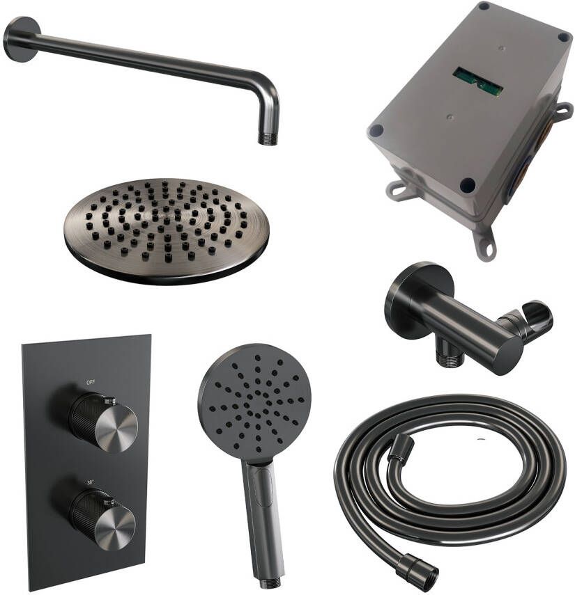 Brauer Gunmetal Carving thermostatische inbouw regendoucheset met 2-weg omstel 40cm gebogen wandarm met 20cm ronde hoofddouche 3 standen ronde handdouche 150cm gladde doucheslang met aansluitbocht en handdouchehouder Gunmetal geborsteld PVD 5-GM-129