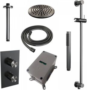 Brauer Gunmetal Carving Regendoucheset inbouw hoofddouche 20cm plafondarm 20cm 2 functies glijstang inclusief inbouwdeel handdouche Rond 3 standen PVD geborsteld gunmetal 5-GM-143