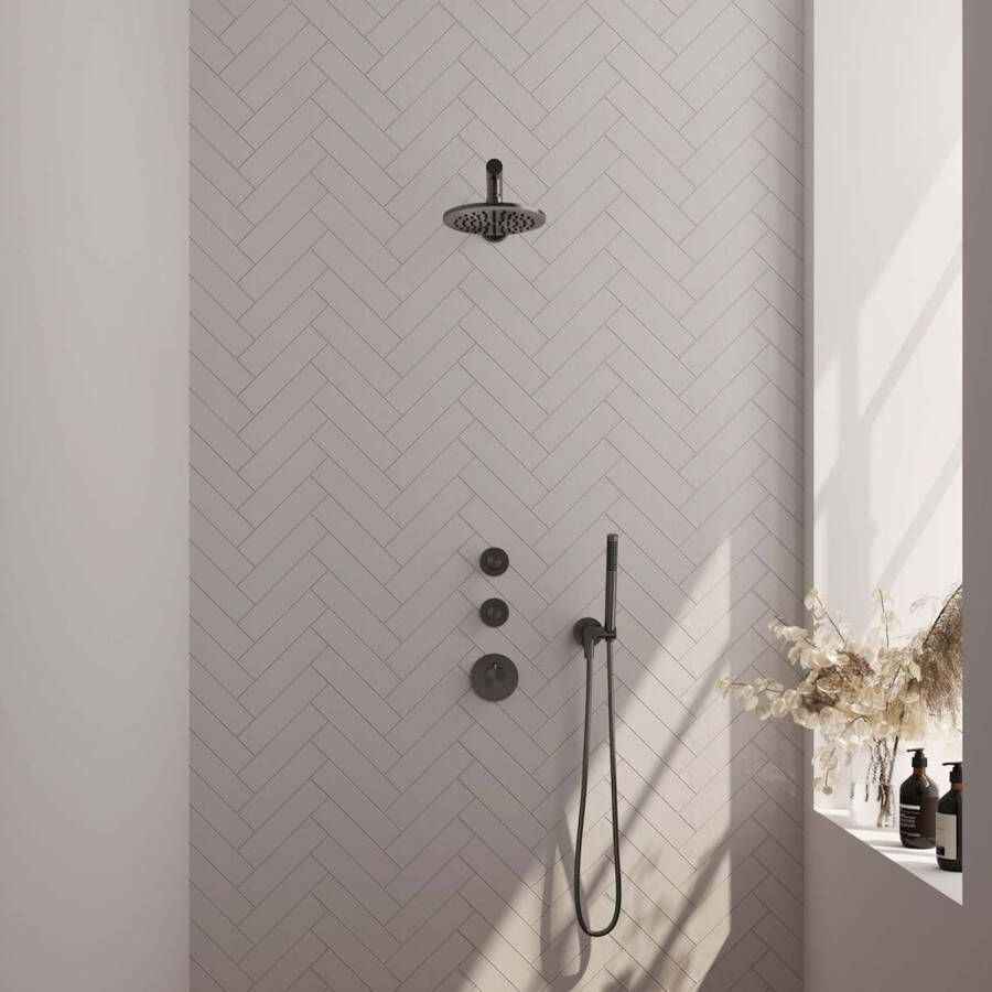 Brauer Gunmetal Edition thermostatische inbouw regendoucheset 40cm gebogen wandarm met 20cm ronde hoofddouche 1 stand staafhanddouche 150cm gladde doucheslang met glijstang en handdouchehouder Gunmetal geborsteld PVD 5-GM-078 - Foto 1