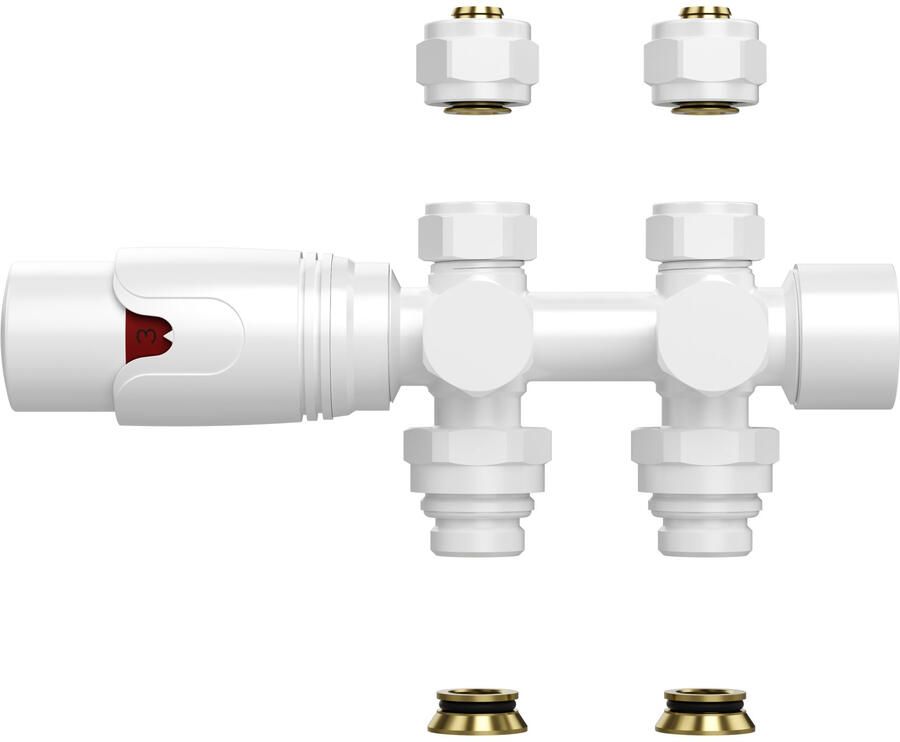 BWS Radiatorkraan Thermostatisch Muur- en Vloeraansluiting 1 2MX16 2 M30 Glanzend Wit